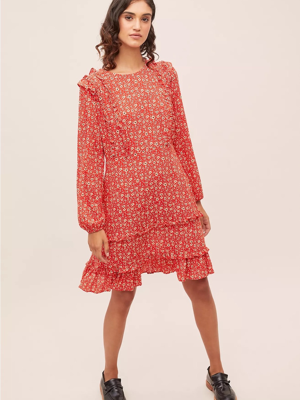 Kachel x Anthropologie Red Floral Tiered Ruffle Long-Sleeve Dress